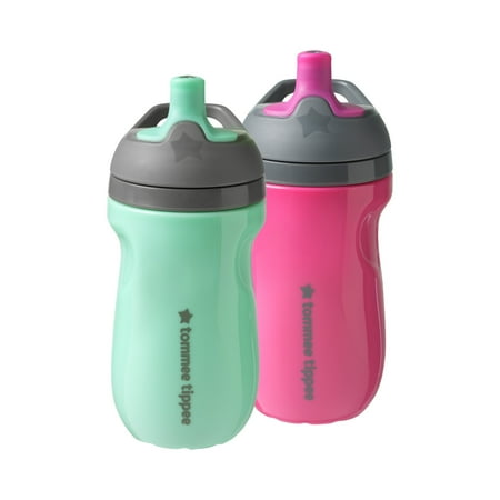 Tommee Tippee Insulated Sporty Spout Bottle, 9oz, No Spill Toddler Water Bottle For 12 months +, Two-Piece Valve Helps Stop Spills, Pink and Mint, 2 Count