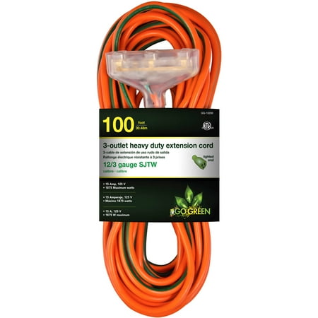 GoGreen Power (GG-15200) 12/3 100&Otilde; SJTW 3-Outlet Heavy Duty Extension Cord, Lighted End, 100 Ft
