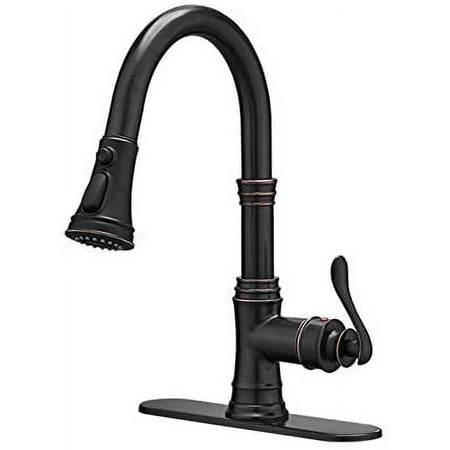 BWE Kitchen Faucet with Pull Out Sprayer 3 Spray Modes Oil Rubbed Bronze Single Handle Singe Lever High Arc Kitchen Sink Faucet with Deck Plate Lead-Free Commercial Bar Farmhouse Pull Down Sprayer