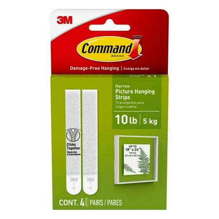 Command Narrow Picture Hangers, White, 4 Pairs