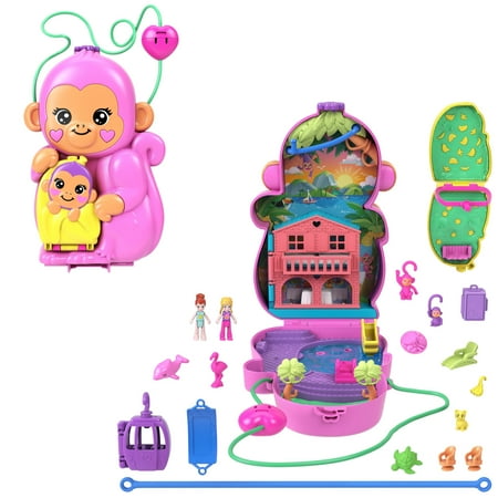Polly Pocket Momma Monkey & Baby Playset with 2 Micro Dolls, Pets & 13 Accessories, 2-in-1 Purse & Toy
