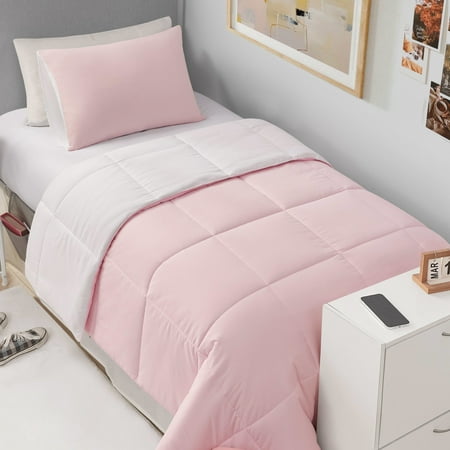 The Sheet Lab Reversible Box Stitch Comforter Set, 3-Piece King – Light Pink/White