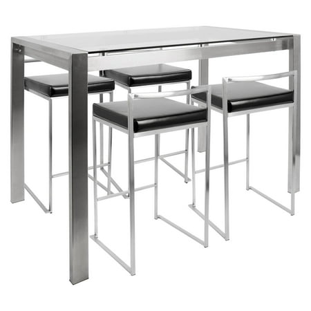 Fuji 5-Piece Contemporary Counter Height Dining Set in Stainless Steel and Black by LumiSource