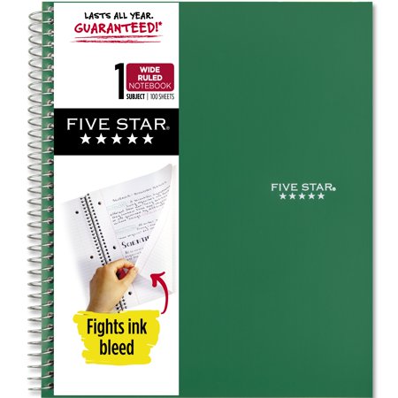 Five Star Spiral Notebook + Study App, 3 Subject, Wide Ruled, 8" x 10.5", Forest Green