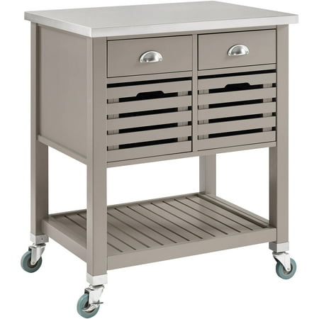 Linon Robbin Wood Kitchen Cart Island, 36" Tall, Gray Finish with Stainless Steel Top
