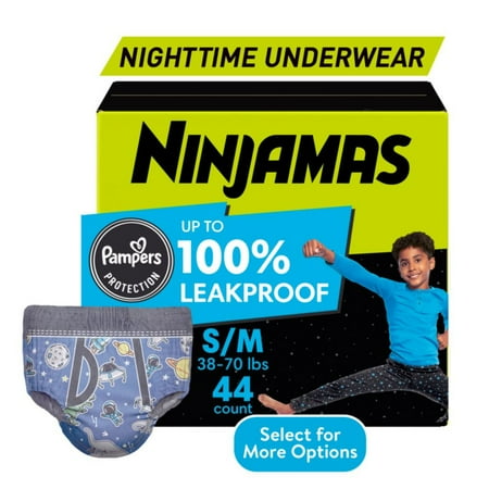 Ninjamas Boys Bedwetting Nighttime Underwear, Size S/M (37-90 lbs), 44 Count (Select for More Options)