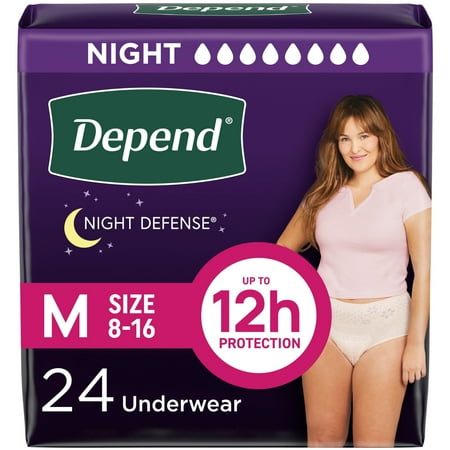 Depend Night Defense Incontinence Underwear for Women, Adult Diapers, M, 24 Count