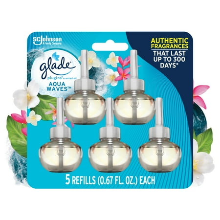 Glade PlugIns Scented Oil 5 Refills, Air Freshener, Aqua Waves, Essential Oil Infused Wall Plug In, 3.35 FL oz, Pack of 5