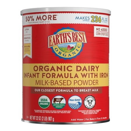 Earth's Best Organic Dairy Powder Baby Formula with Iron DHA & ARA, 32 oz Canister
