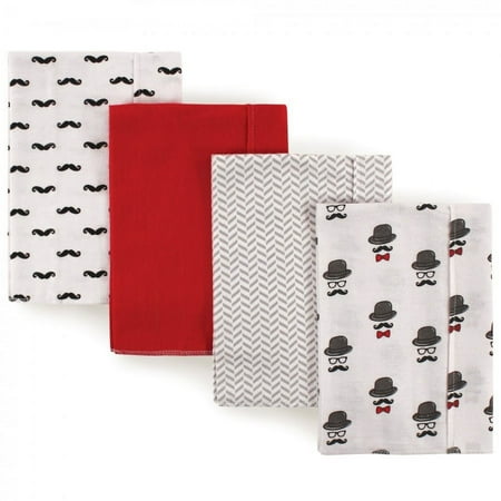 Hudson Baby Infant Boy Cotton Flannel Burp Cloths 4pk, Mustache Hat, One Size