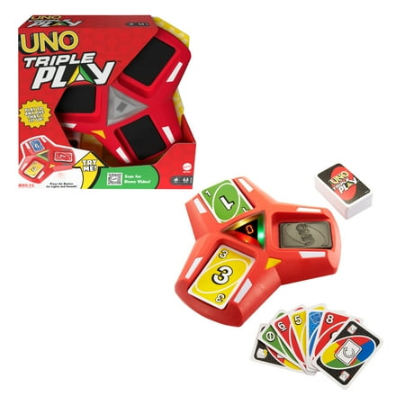 UNO Triple Play Card Game for Family Night Featuring 3 Discard Piles, Lights & Sounds