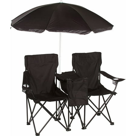 Trademark Innovation Double Folding Camp and Beach Chair with Removable Umbrella and Cooler - Black