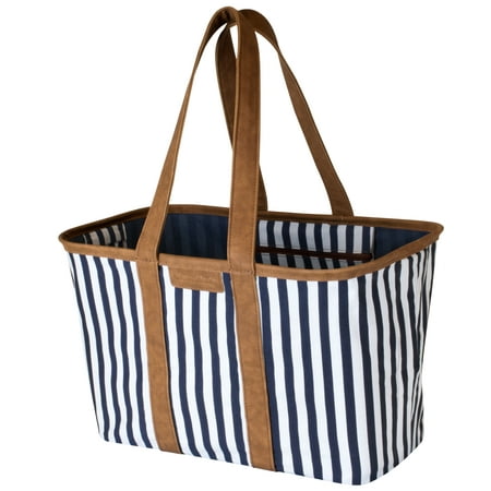CleverMade 30L SnapBasket LUXE - Reusable Collapsible Durable Grocery Shopping Bag - Heavy Duty Large Structured Tote, Navy Striped