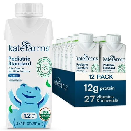 KATE FARMS Organic Pediatric 1.2 High Calorie Nutrition Shake, Vanilla, 12g protein, 27 Vitamins and Minerals, 8.45 oz (12 pack)