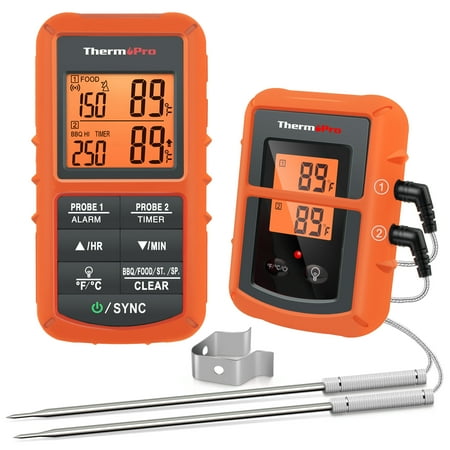 ThermoPro TP08BW Remote Meat Thermometer Digital Grill Smoker BBQ Thermometer with Two Probes in Orange