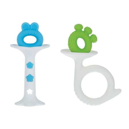 Nuby Silicone Fun Teethers for Infants, Bunny and Tuba, Blue and Green, 2 Pack