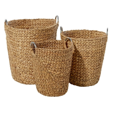DecMode 15", 17", 19"H Brown Seagrass Handmade Storage Basket with Metal Handles, 3-Pieces