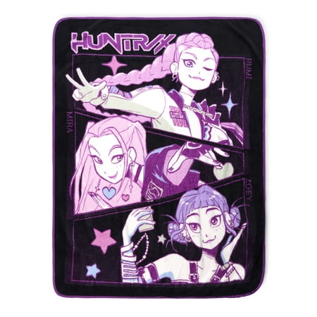 KPOP Demon Hunters Huntrix Pop Stars Kids Throw Blanket, Black & Purple, Twin/Full Size 46"x 60"