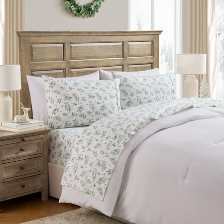 Hallmark Leafage 4-Piece Adult White/Green Brushed Cotton Flannel Bed Sheet Set, Full