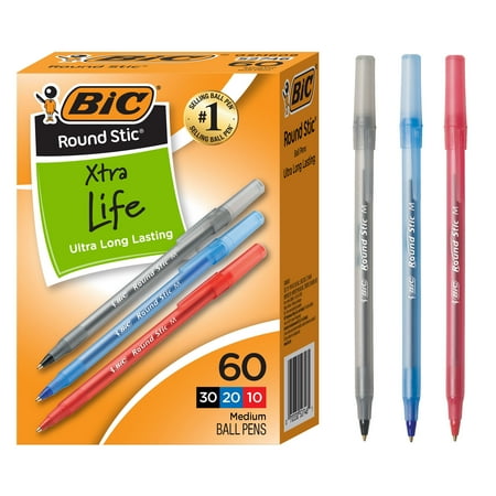 BIC Round Stic Xtra Life Ballpoint Pens, Medium Point, 1.0mm, Assorted Ink Colors, 60 Count