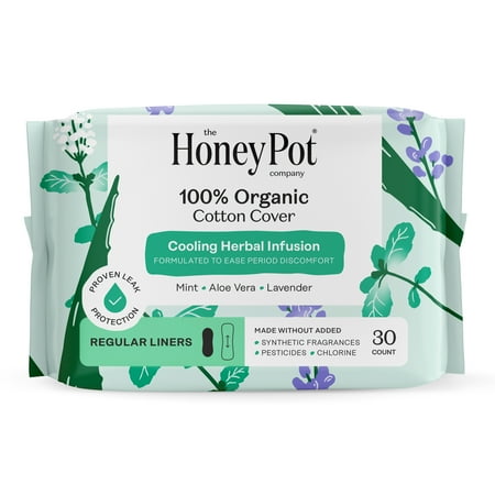 Honey Pot 100% Organic Cotton Cover Cooling Herbal Infusion Regular Liners, 30 Count