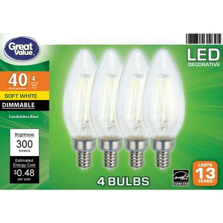 Great Value LED Light Bulb, 4W (40W Equivalent) B10 Deco Lamp E12 Candelabra Base, Dimmable, Soft White, 4-Pack