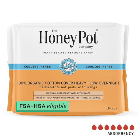 Honey Pot 100% Organic Cotton Cover Cooling Herbal Infusion Heavy Flow Overnight Pads, 16 Count