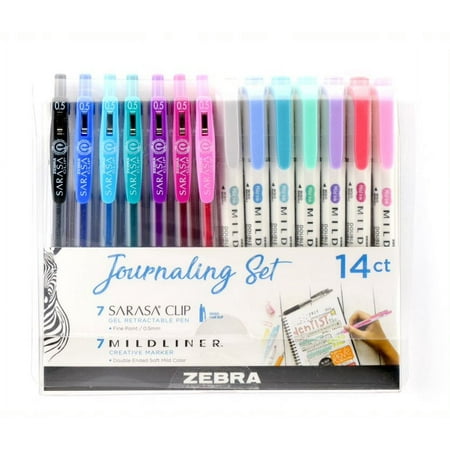 Zebra Pen Journaling Set, 7 Sarasa Clip Retractable Gel Pens, 7 Mildliner Highlighters, 14-Count