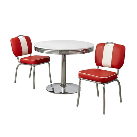 TMS Raleigh Retro 3-Piece Indoor Metal Dining Set, Includes Round Table and Chairs, Chrome/Red Faux Leather