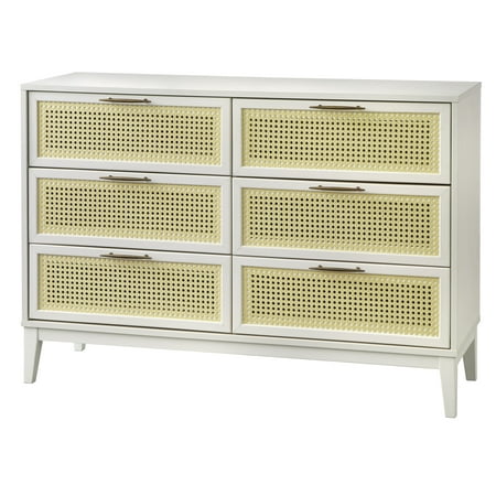TMS Watson 6-Drawer Dresser with Natural Cane Drawer Fronts, White