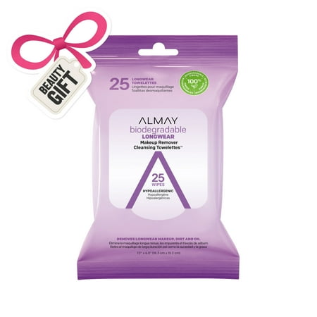 Almay Biodegradable Longwear Makeup Remover Cleansing Towelettes, 25 Count