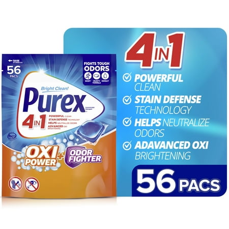 Purex 4-in-1 Oxi Power Plus Odor Fighter Laundry Detergent Pacs, Fresh Morning Burst, 56 Count