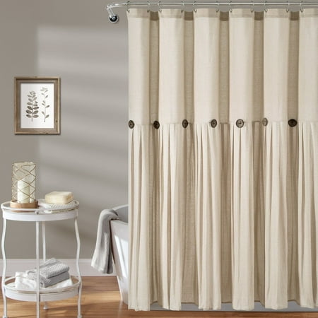 Lush Decor Linen Button Farmhouse Chic Solid Color with Pleats and Button Embellishments Cotton Blend Shower Curtain, Dark Linen, 72"L x 72"W, Single