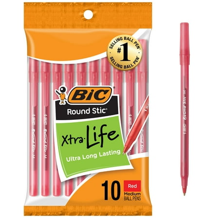 BIC Round Stic Xtra Life Ballpoint Pen, Medium Point (1.0mm), Red, 10 Count