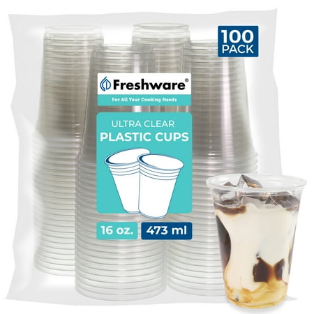Freshware 16 oz Clear Disposable Plastic Cups, 100 Pack Clear Plastic Cups Tumblers, Heavy-duty Party Glasses, Disposable Cups for Thanksgiving, Halloween, Christmas Party