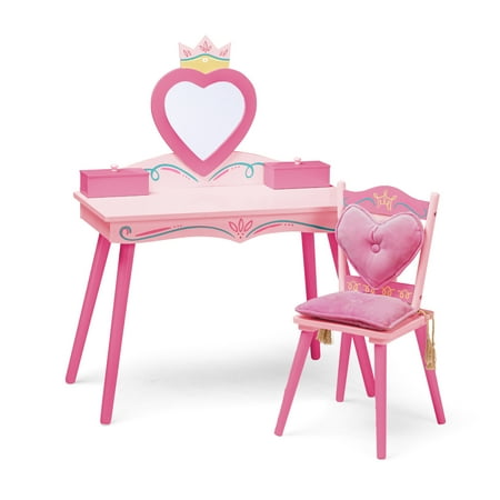 Wildkin Kids Princess Wooden Vanity Table and Chair Set for Girls, Pink