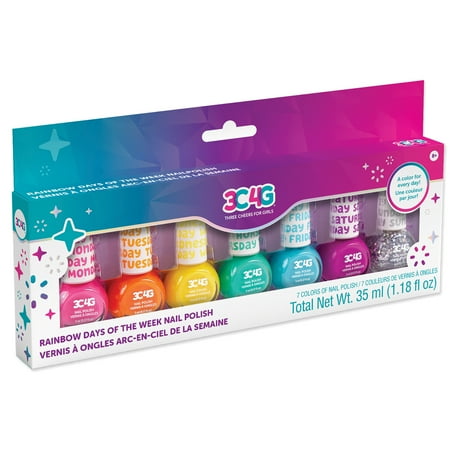 3C4G: Rainbow Days Of The Week Nail Polish Set - 7 Bottles, Make It Real, Teens Tweens & Girls, Non-Toxic Long-Lasting Polish, Vibrant Colors, New Day - New Nails, Three Cheers For Girls, Kids Ages 8+