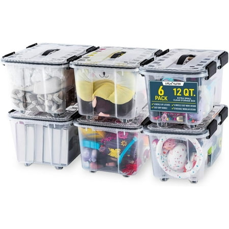 Stackable Storage Boxes - Clear Plastic, Black Seal, Modular Design 12 Quarts
