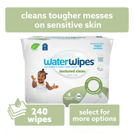 WaterWipes Plastic-Free Textured Clean, Toddler & Baby Wipes, 99.9% Water Based Wipes, Fragrance-Free for Sensitive Skin, 240 Count (4 Packs)