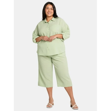 Just My Size Women's Plus Gauze Button Up Shirt and Capri Pants Set, 2-Piece, 21" Inseam, Sizes 0X-4X
