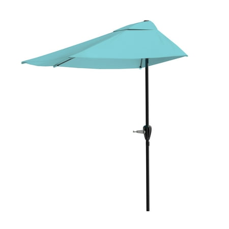 Pure Garden 9ft Half Patio Umbrella – Crank-Open Sun Shade for Balcony, Deck, or Porch, Blue