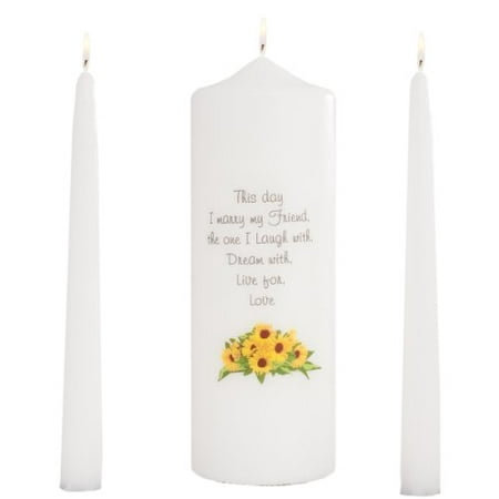 Celebration Candles Wedding Unity 9-Inch This Day I Marry My Friend Pillar Candle with Sunflower Motif and 10-Inch Taper Candle Set, White