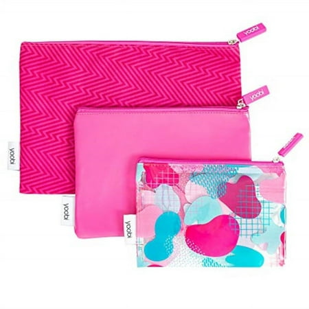 yoobi zipper pouch set | 3-piece | fun pink ziggy fabric & printed pvc | for travel, school, office use