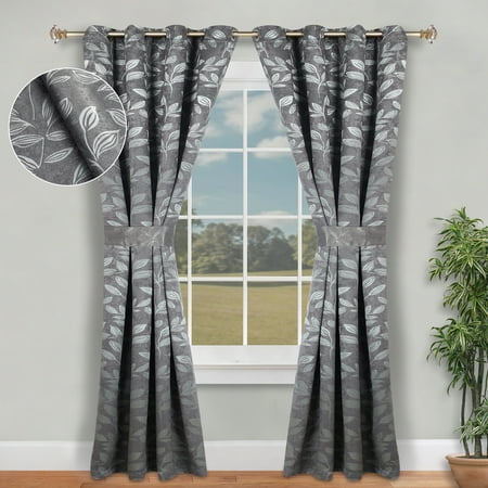 Superior Leaves Blackout Curtains, Set of 2, 46" X 96", Nickel Black