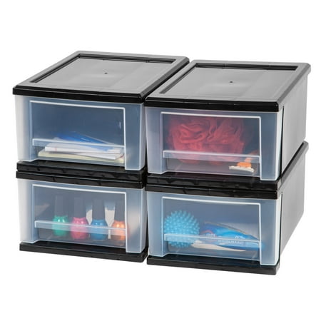 IRIS USA 7 Qt. Small Plastic Stacking Drawer, Stackable Storage Organizer Unit with Sliding Drawer for Bedroom Kitchen Under Sink Pantry Craft Room Dorm Office, Black, 4-Pack