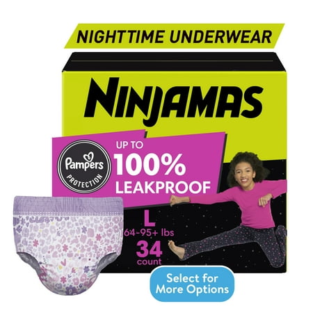 Ninjamas Girls Bedwetting Nighttime Underewar, Size L (64-95+ lbs), 34 Count (Select for More Options)
