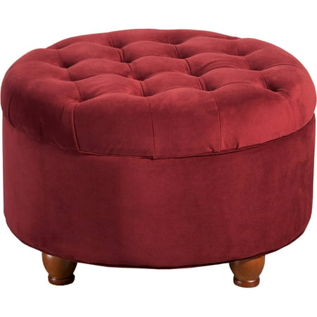 HomePop Large Round Button Tufted Storage Ottoman Berry Velvet: Upholstered Footstool, No Assembly Required