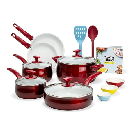 Tasty Ceramic Titanium-Reinforced Cookware Set, Red, 16 Piece