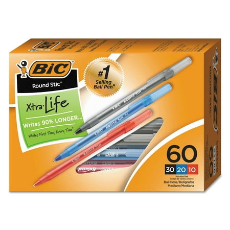 BIC Round Stic Xtra Precision Ballpoint Pen Value Pack, Stick, Medium 1 mm, Assorted Ink and Barrel Colors, 60/Pack