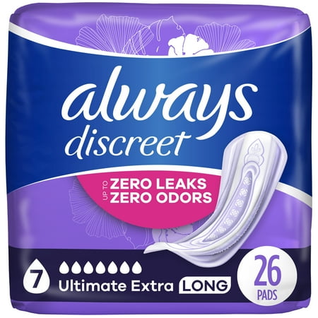 Always Discreet Incontinence Pads, Ultimate Extra Protect Absorbency, Long Length, Lightly Scented, 26 CT